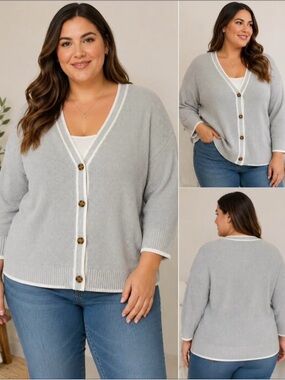 Lands’ End Drifter Cardigan Sweater Gray Cotton Button Front Size 2X